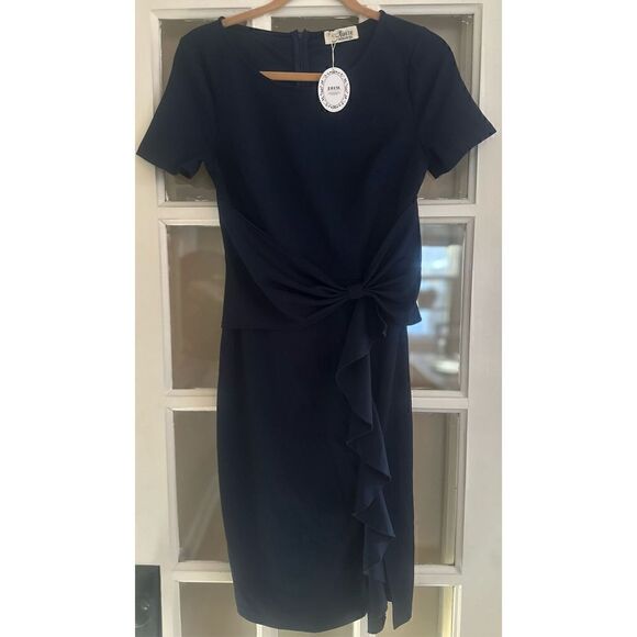 Women's navy blue size small Dress Vintage Ruffle Cocktail Pencil Knee Dress - Picture 9 of 9